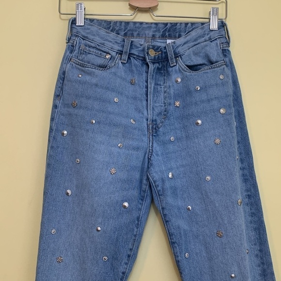 &Denim | Blue Denim Distressed Hem Studded High Waist Vintage Fit Mom Jeans 26 - Picture 3 of 16